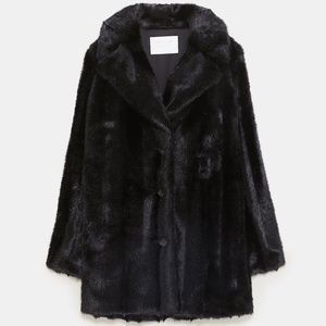 ZARA BLACK FAUX FUR COAT - SIZE SMALL S